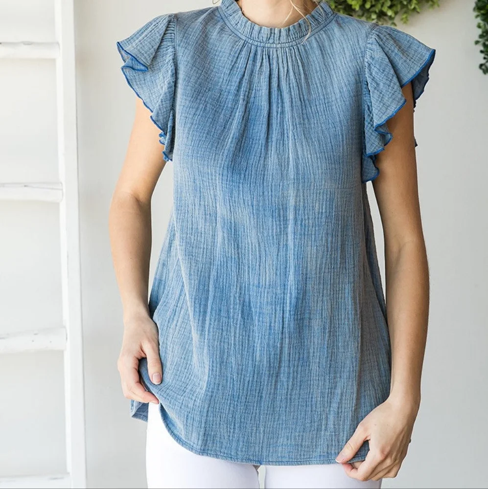 JODIFL Denim Blue Ruffle Sleeve - Picture 2 of 6
